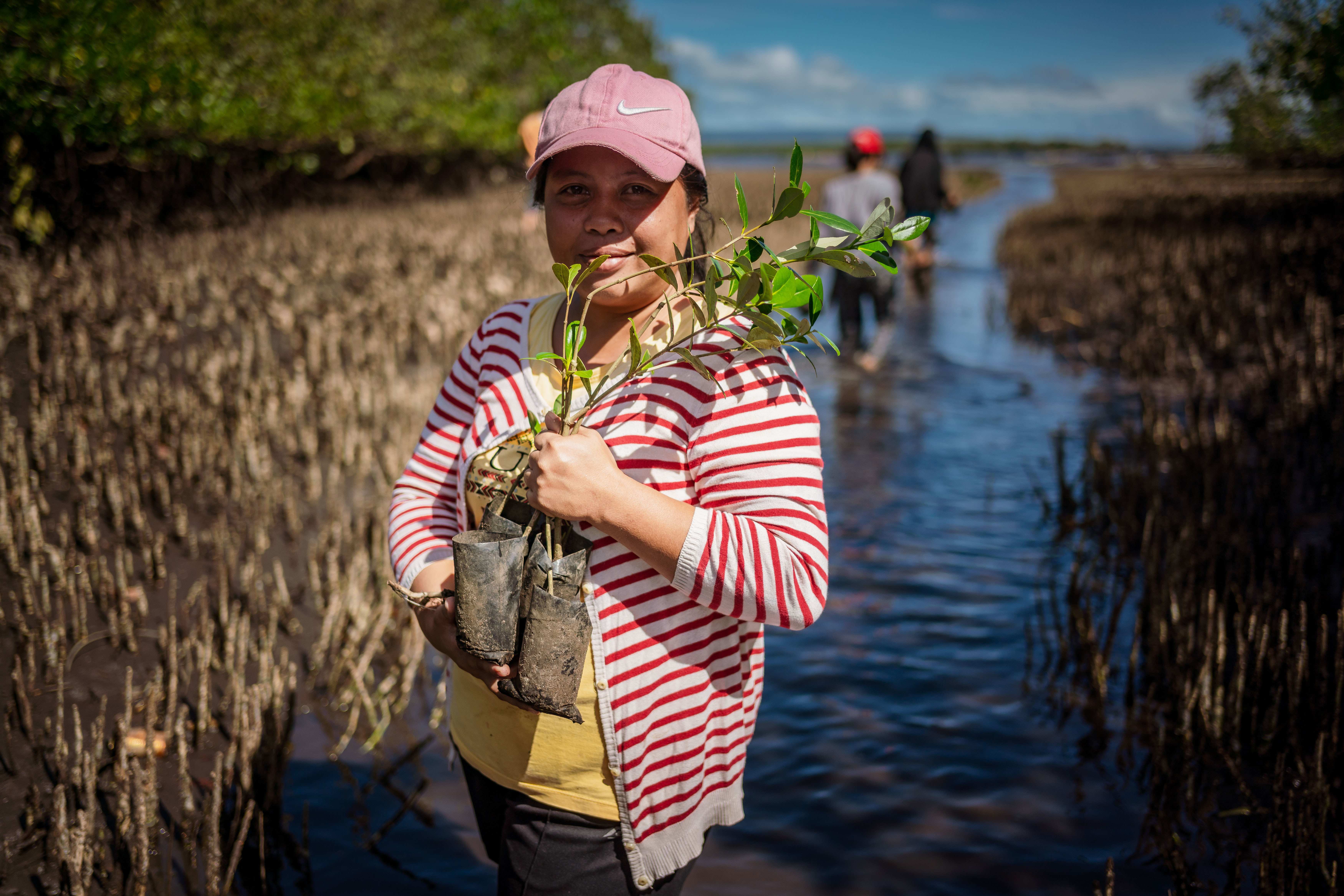 Eine Projektteilnehmerin hält eine junge Mangrovenpflanze ins Bild, die sie gleich einpflanzen möchte (Quelle: Jakob Studnar)